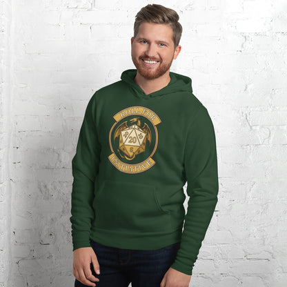 Roll For Initiative d20 dragon tabletop RPG hoodie — Forest, on model