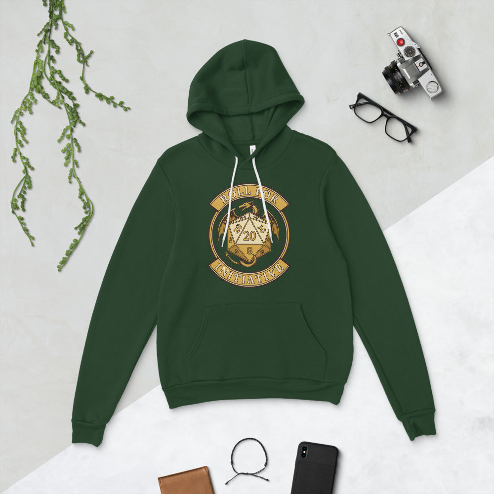 Roll For Initiative d20 dragon tabletop RPG hoodie — Forest, flat lay