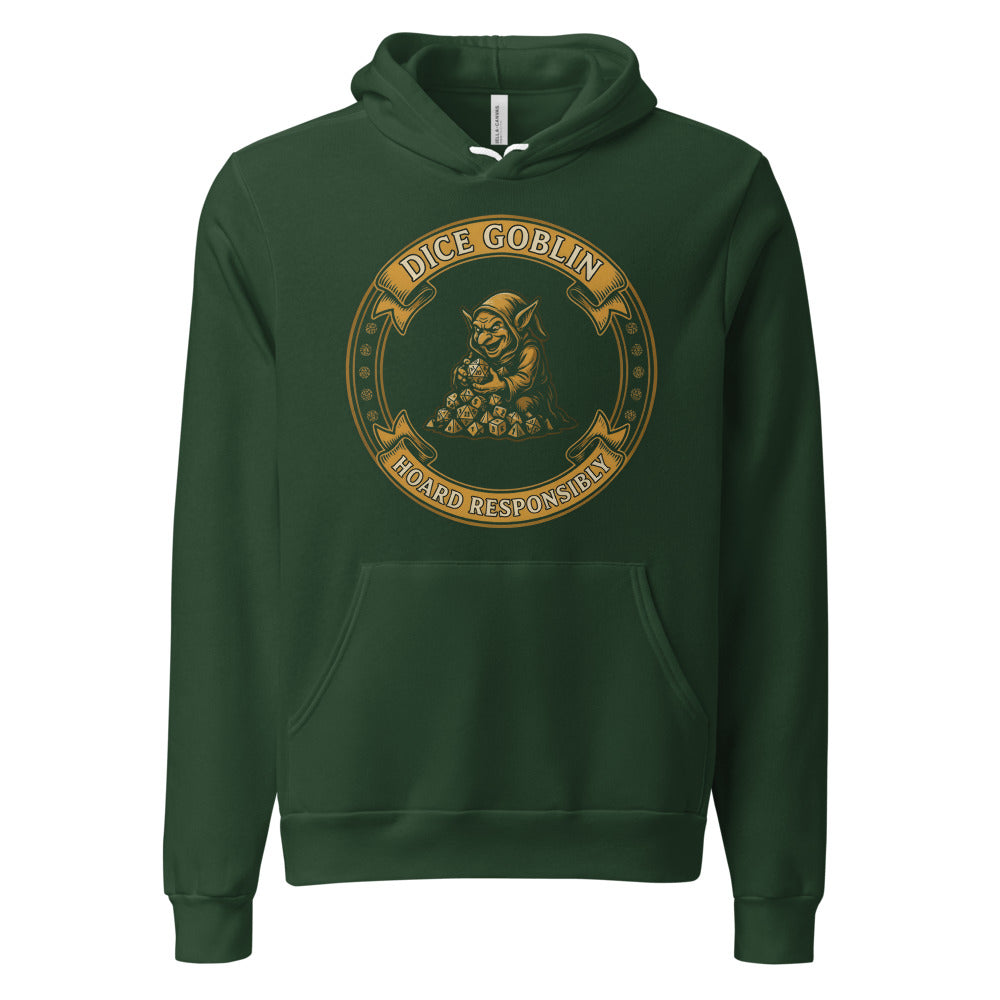 Dice Goblin Hoard Responsibly tabletop RPG hoodie — Forest, front