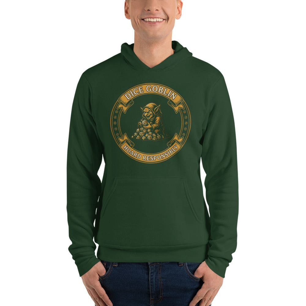 Dice Goblin Hoard Responsibly tabletop RPG hoodie — Forest, on model