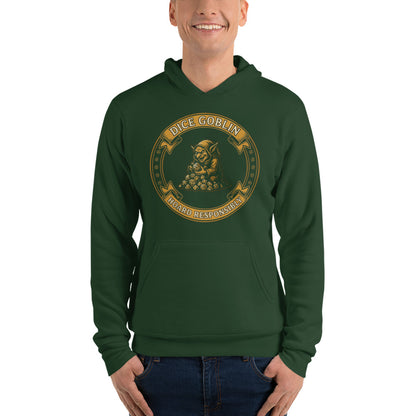 Dice Goblin Hoard Responsibly tabletop RPG hoodie — Forest, on model