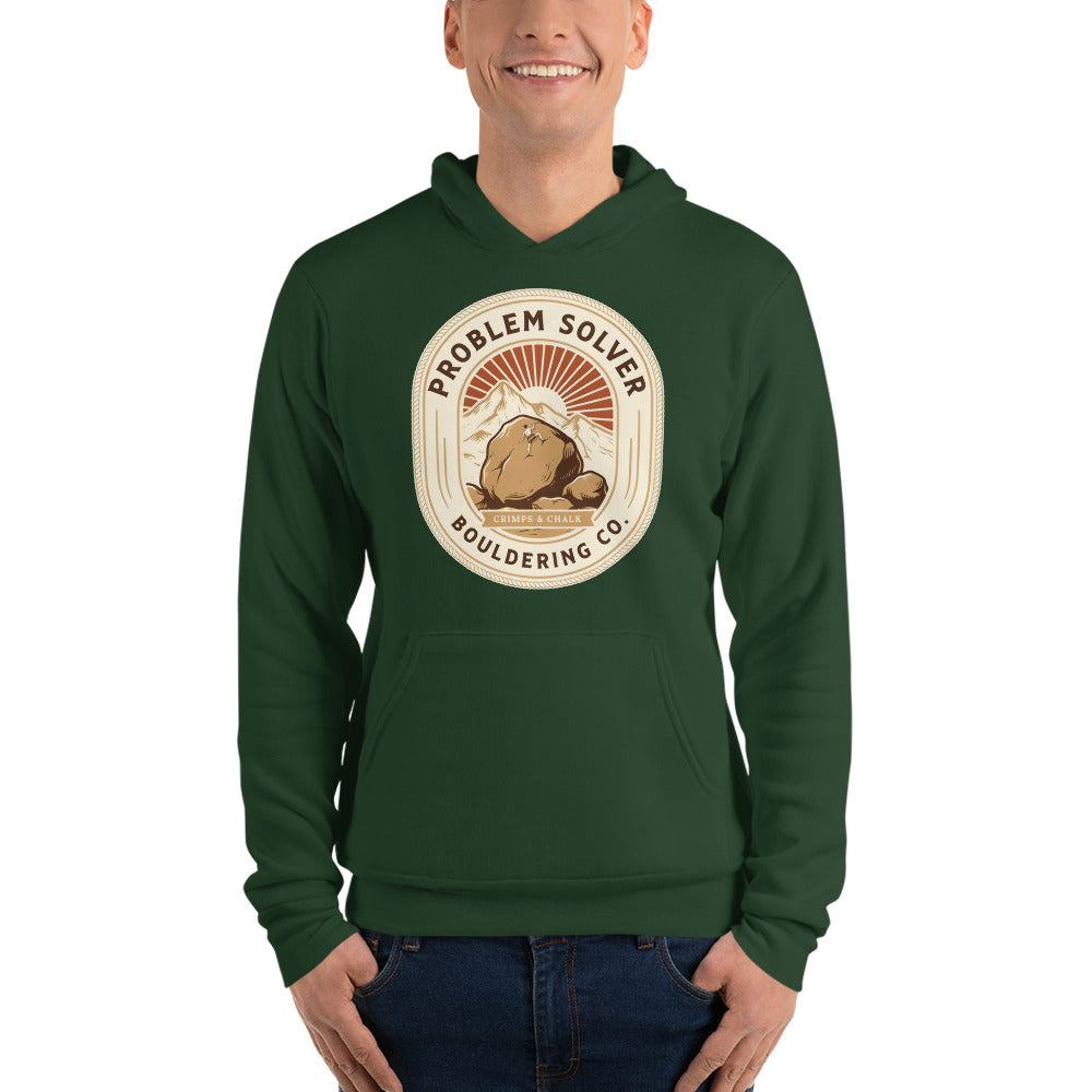 Problem Solver Bouldering Badge hoodie — Forest, on model