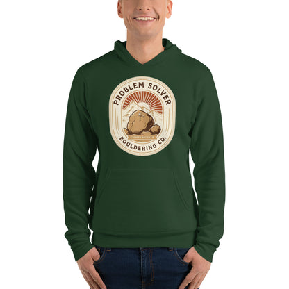 Problem Solver Bouldering Badge hoodie — Forest, on model