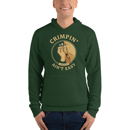 Crimpin' Ain't Easy bouldering badge hoodie — Forest, on model