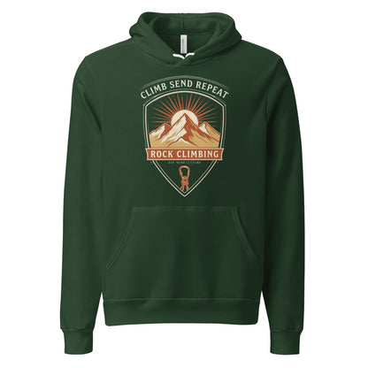 Climb Send Repeat mountaineering crest hoodie — Forest, front
