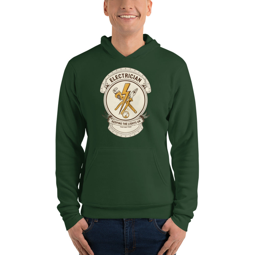 Electrician Journeyman trade crest hoodie — Forest, on model