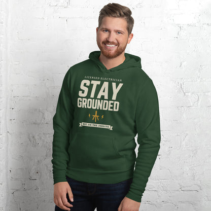 Stay Grounded funny electrician hoodie — Forest, on model