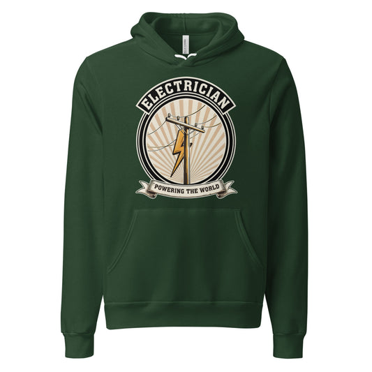 Powering The World electrician emblem hoodie — Forest, front