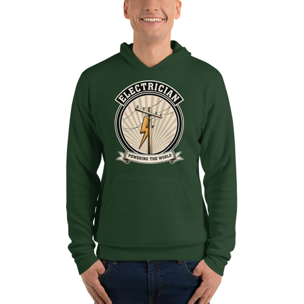 Powering The World electrician emblem hoodie — Forest, on model
