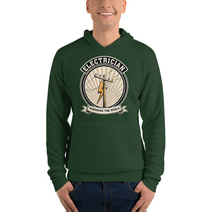 Powering The World electrician emblem hoodie — Forest, on model
