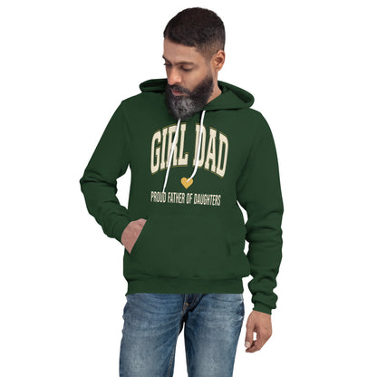 Girl Dad retro varsity hoodie — Forest, on model