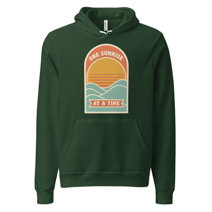 One Sunrise at a Time retro sunrise hoodie — Forest, front