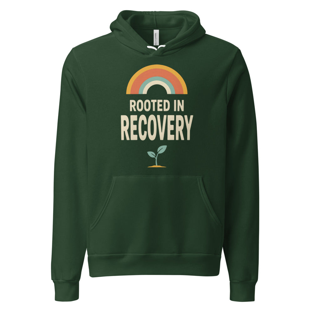 Rooted in Recovery retro rainbow hoodie — Forest, front