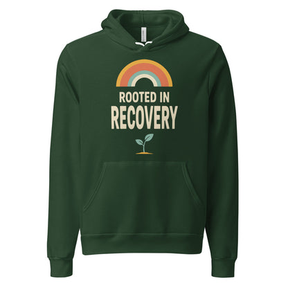 Rooted in Recovery retro rainbow hoodie — Forest, front
