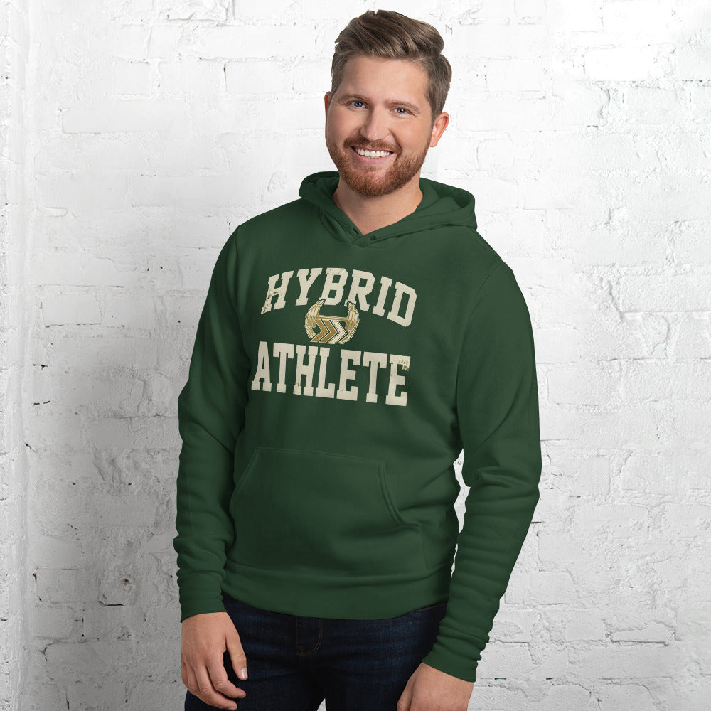 Hybrid Athlete vintage varsity hoodie — Forest, on model