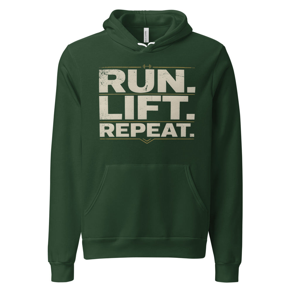 Run Lift Repeat vintage athletic hoodie — Forest, front