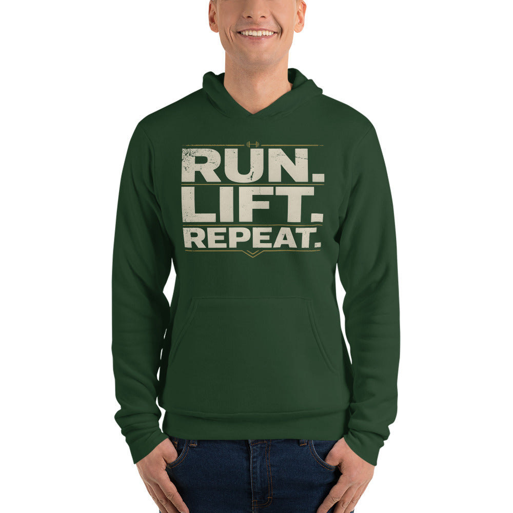 Run Lift Repeat vintage athletic hoodie — Forest, on model