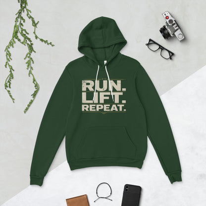 Run Lift Repeat vintage athletic hoodie — Forest, flat lay