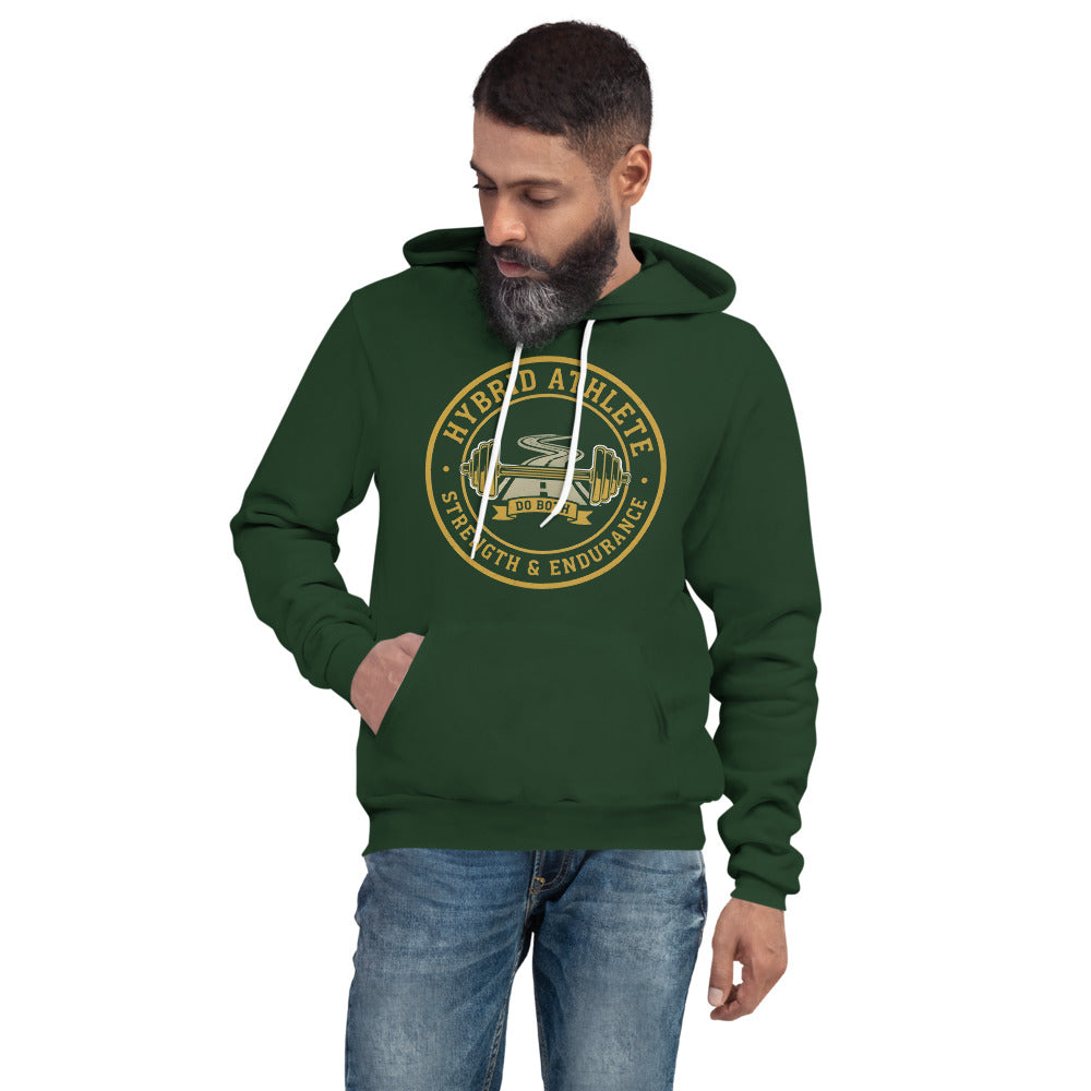 Hybrid Athlete vintage athletic-department crest hoodie — Forest, on model
