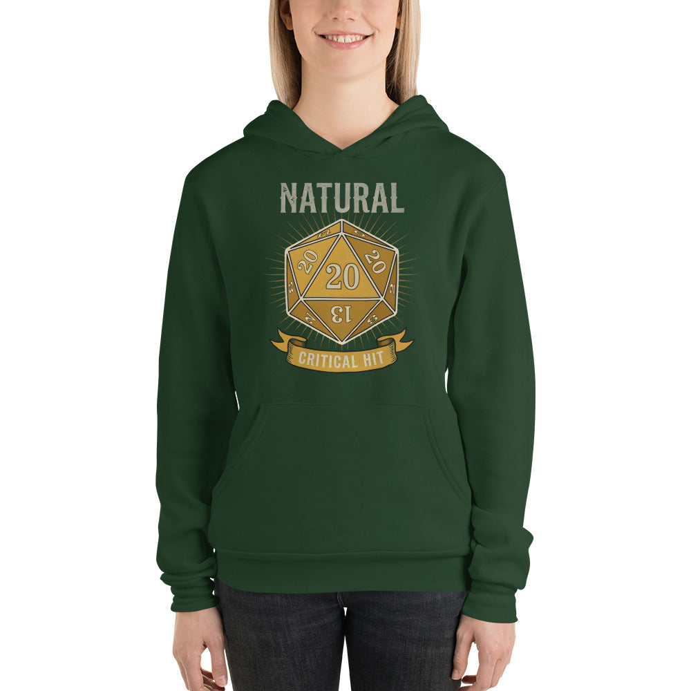 Natural 20 critical hit d20 tabletop RPG hoodie — Forest, on model