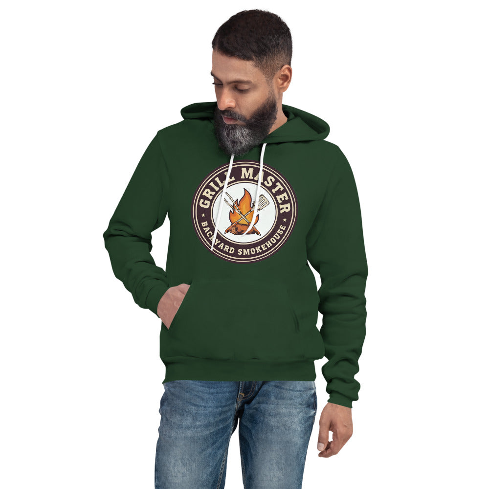 Grill Master retro backyard smokehouse hoodie — Forest, on model