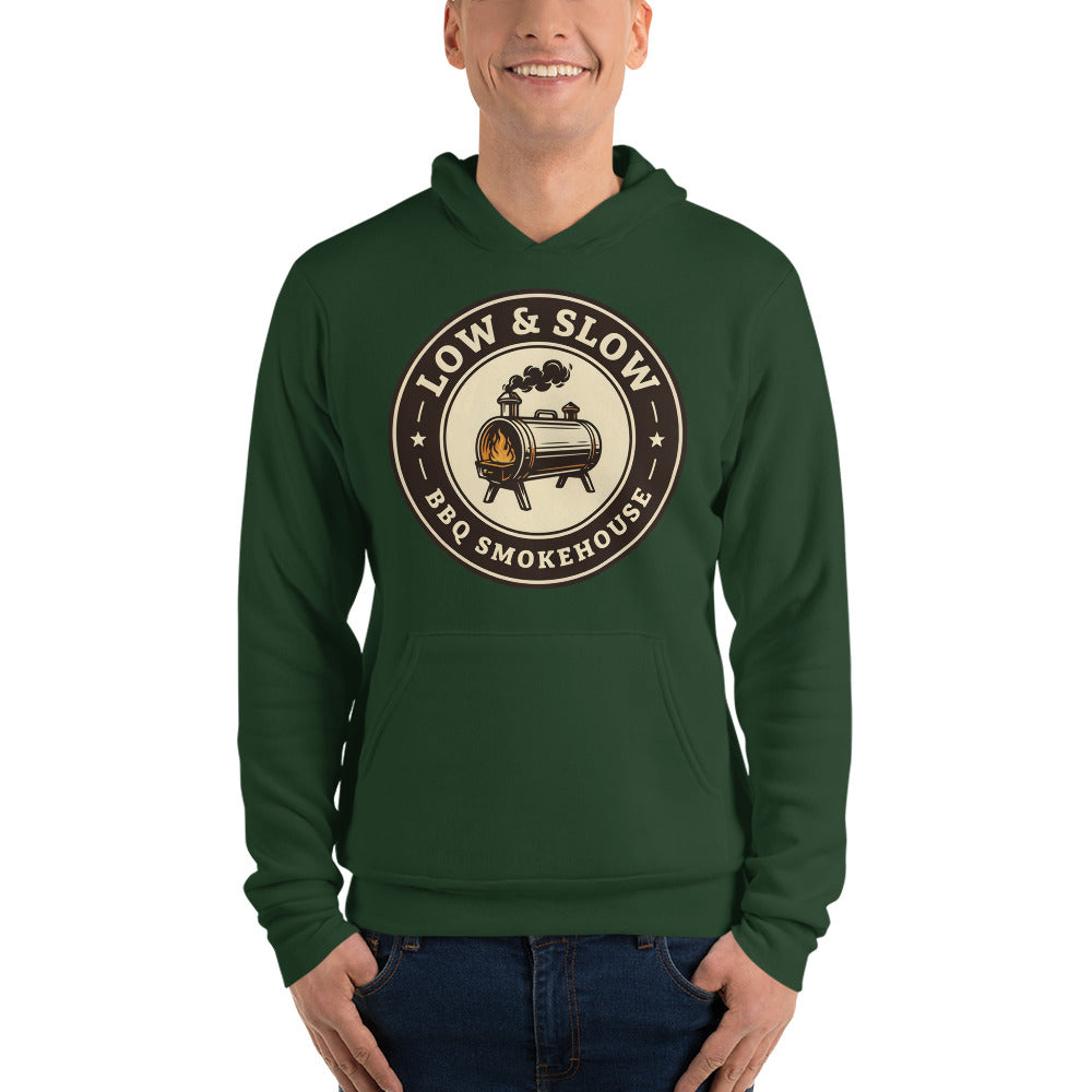 Low & Slow BBQ smoker hoodie — Forest, on model