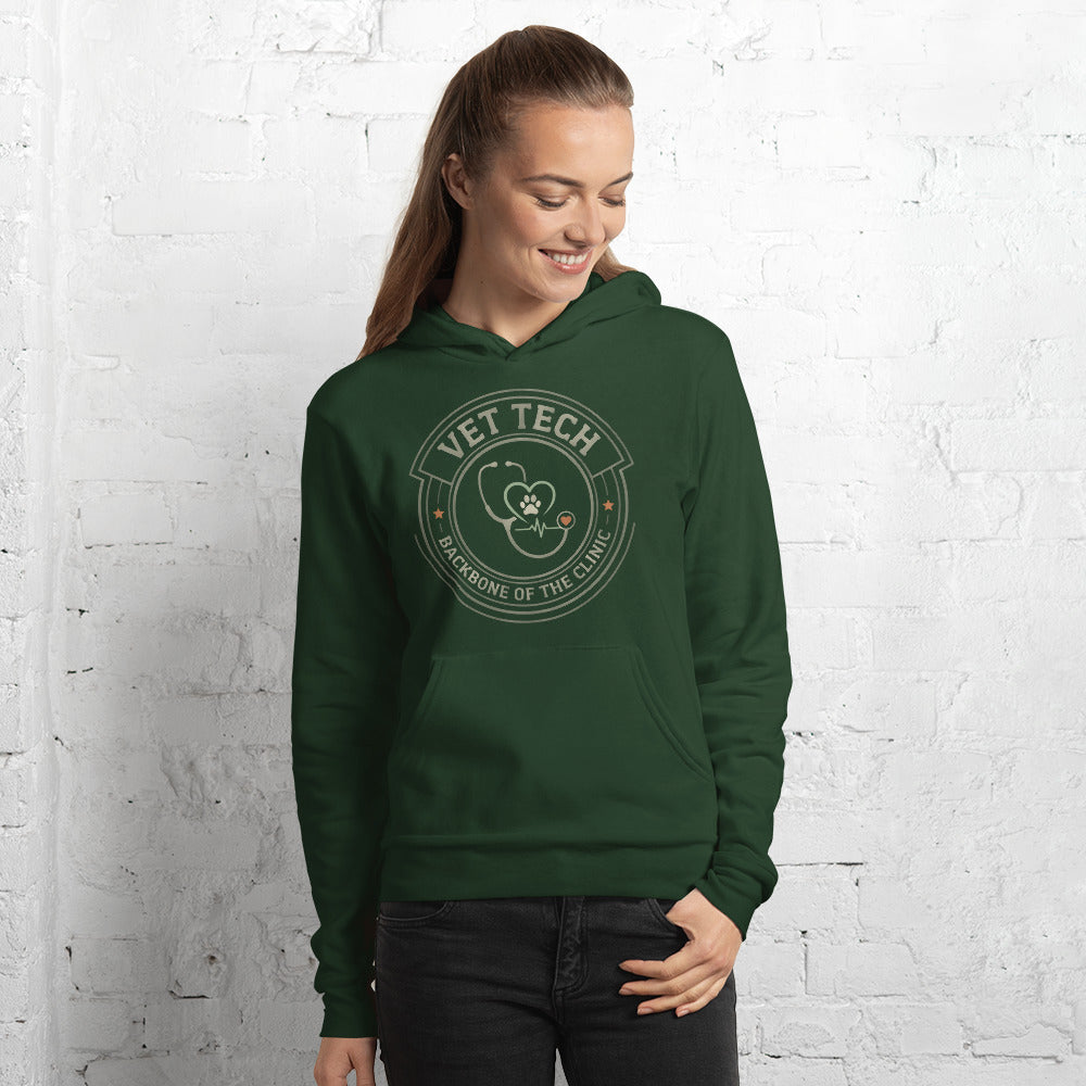 Vet Tech Crest retro veterinary technician hoodie — Forest, on model