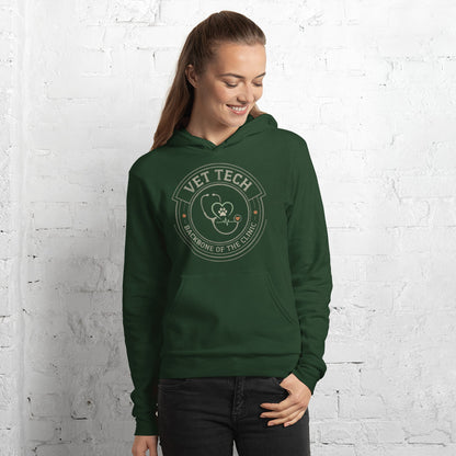 Vet Tech Crest retro veterinary technician hoodie — Forest, on model