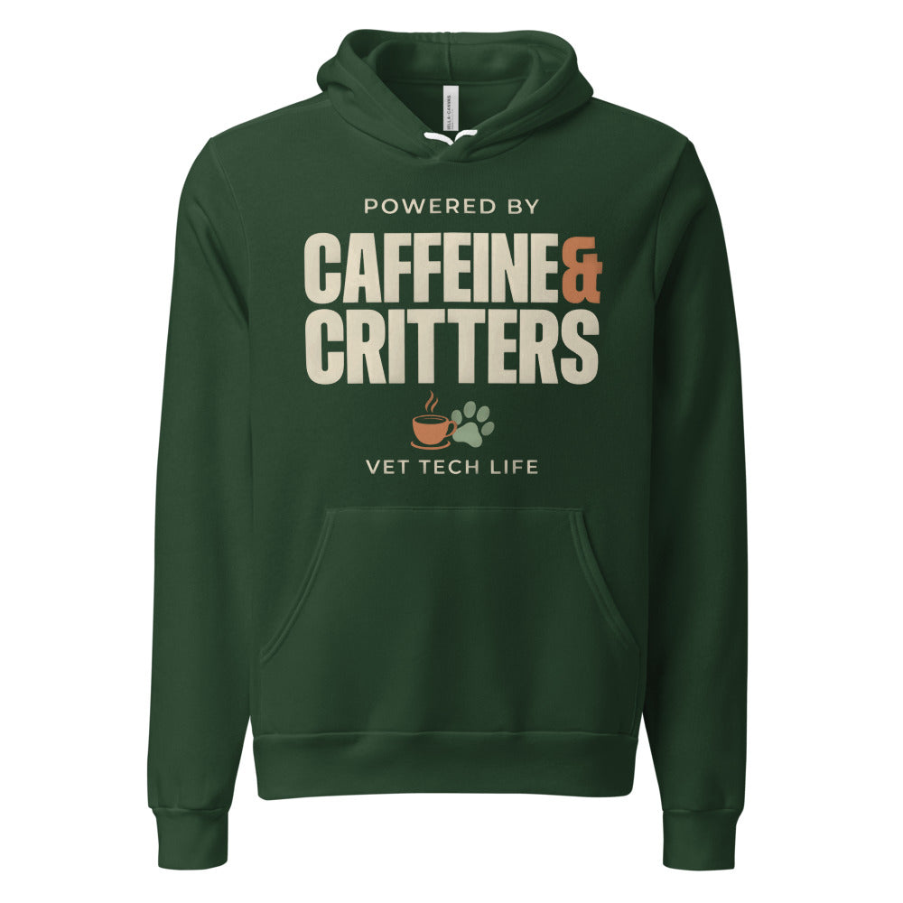 Powered by Caffeine & Critters funny vet tech hoodie — Forest, front