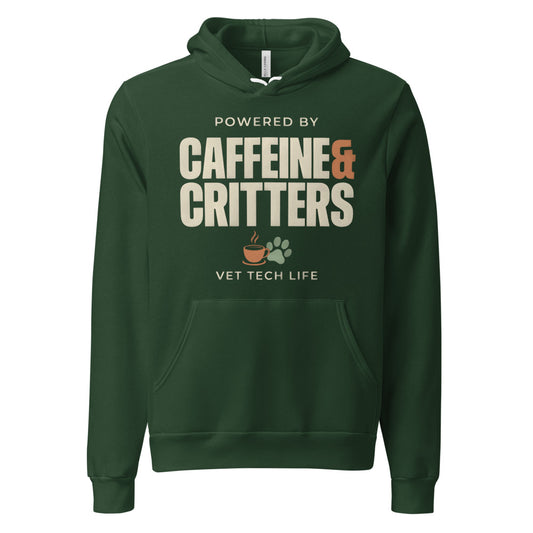 Powered by Caffeine & Critters funny vet tech hoodie — Forest, front