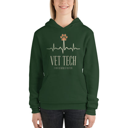Every Heartbeat Matters minimalist vet tech hoodie — Forest, on model