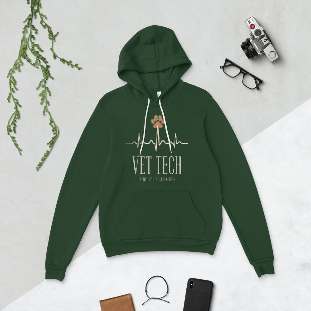 Every Heartbeat Matters minimalist vet tech hoodie — Forest, flat lay