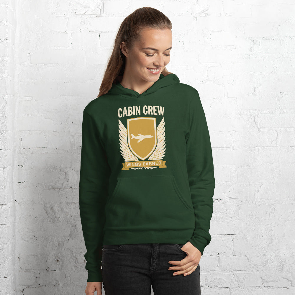 Wings Earned flight attendant hoodie — Forest, on model