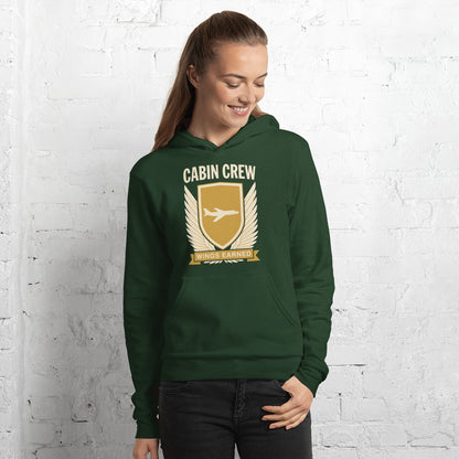 Wings Earned flight attendant hoodie — Forest, on model