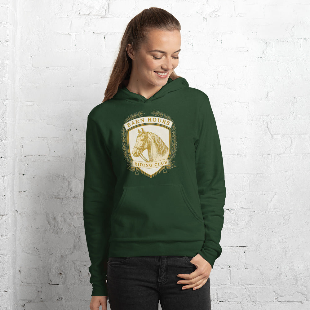 Barn Hours Riding Club vintage equestrian stable crest hoodie — Forest, on model
