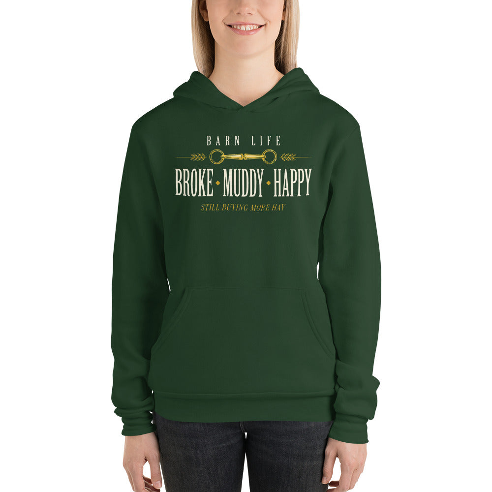 Broke Muddy Happy funny barn life equestrian hoodie — Forest, on model