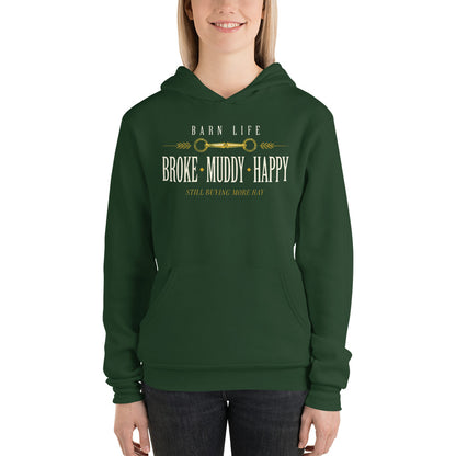 Broke Muddy Happy funny barn life equestrian hoodie — Forest, on model