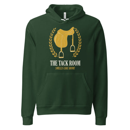 The Tack Room engraved equestrian saddle crest hoodie — Forest, front