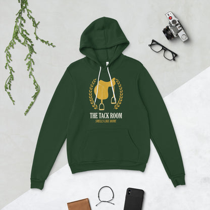 The Tack Room engraved equestrian saddle crest hoodie — Forest, flat lay