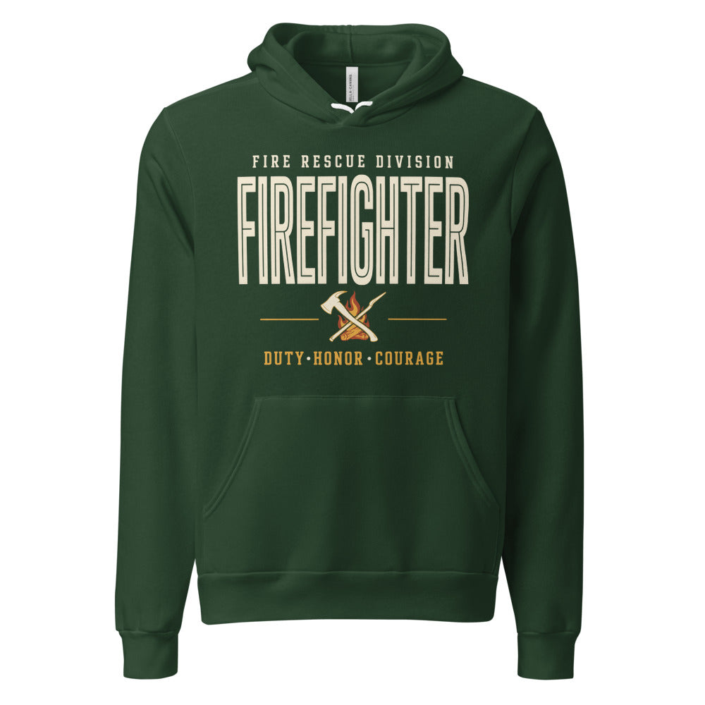 Firefighter collegiate wordmark retro fire-rescue hoodie — Forest, front
