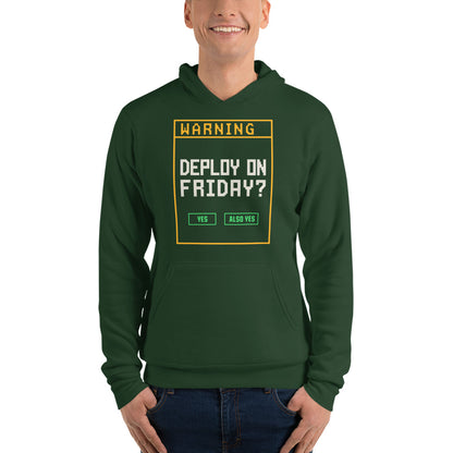 Deploy On Friday programmer hoodie — Forest, on model