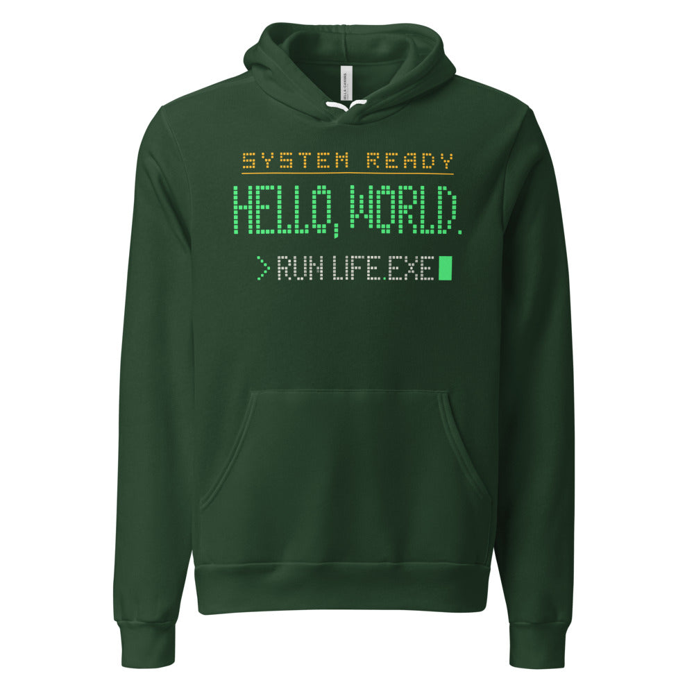 Hello World retro boot screen programmer hoodie — Forest, front