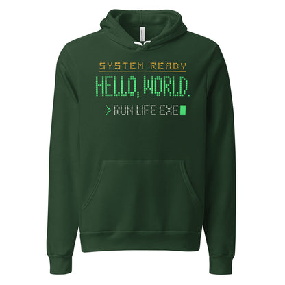 Hello World retro boot screen programmer hoodie — Forest, front