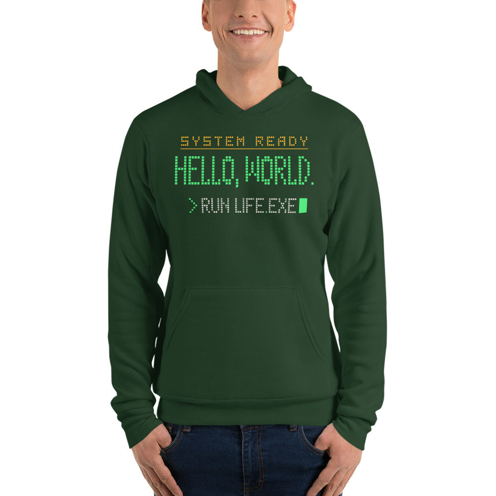 Hello World retro boot screen programmer hoodie — Forest, on model