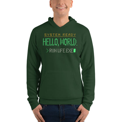 Hello World retro boot screen programmer hoodie — Forest, on model
