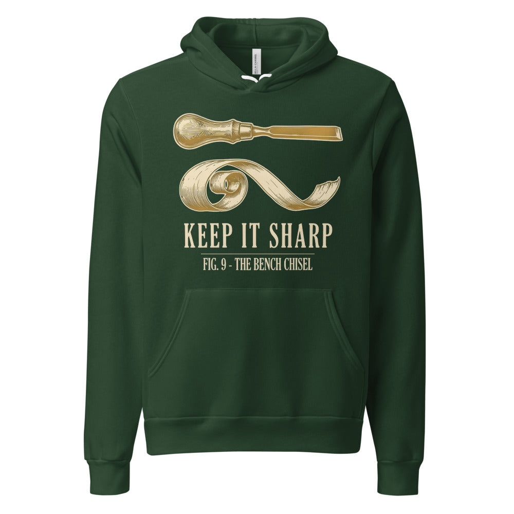 Keep It Sharp woodworking hoodie — Forest, front