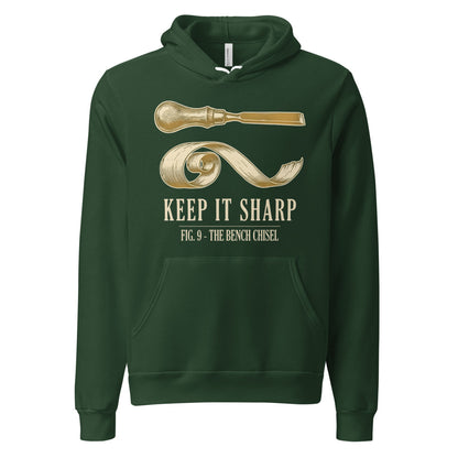 Keep It Sharp woodworking hoodie — Forest, front
