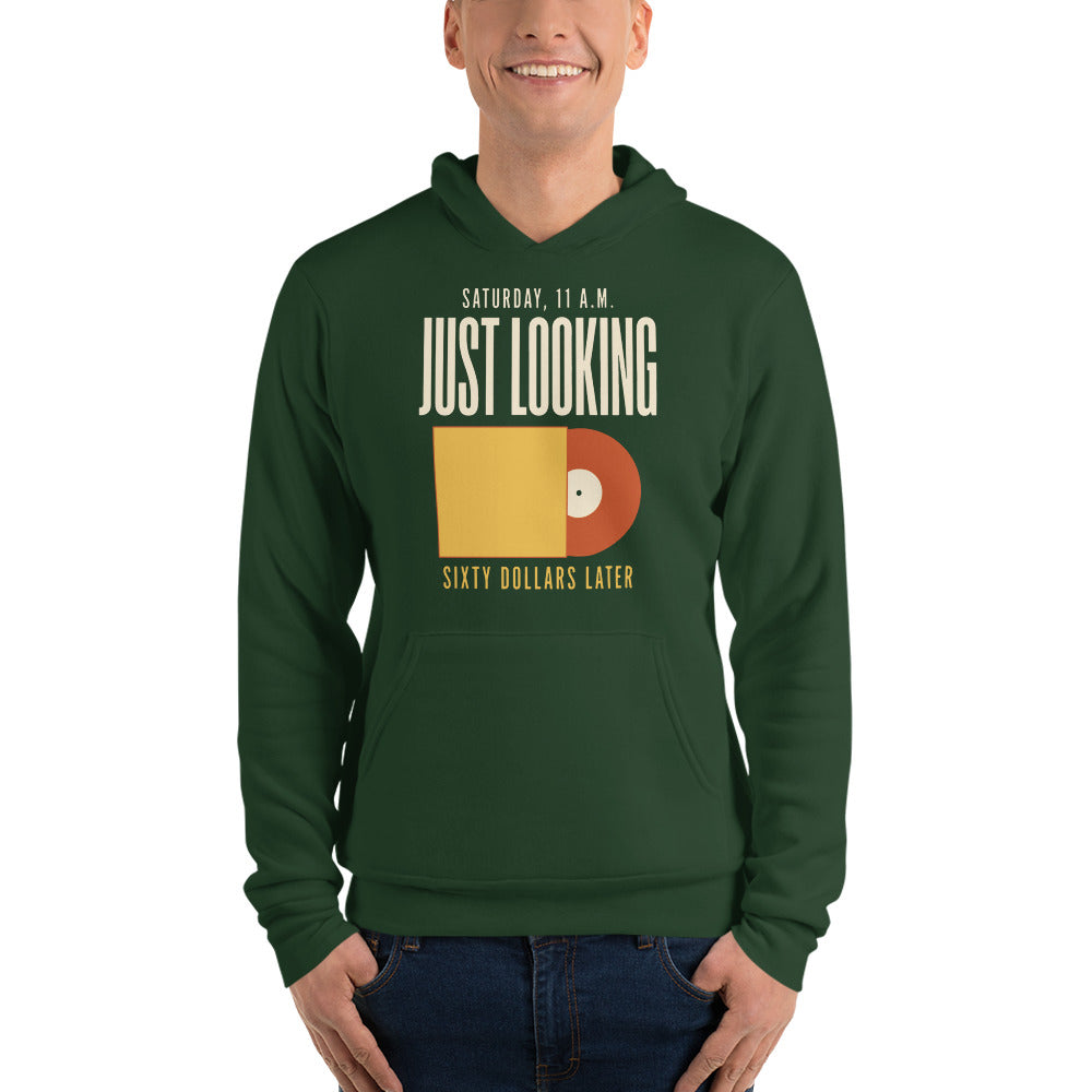 Just Looking Sixty Dollars Later vinyl record hoodie — Forest, on model