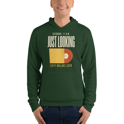Just Looking Sixty Dollars Later vinyl record hoodie — Forest, on model