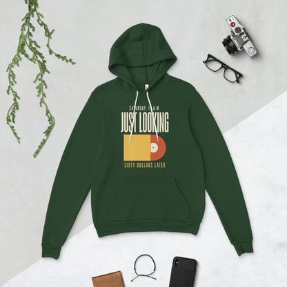 Just Looking Sixty Dollars Later vinyl record hoodie — Forest, flat lay